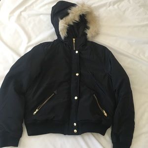 Bomber jacket with removable fur lining hood